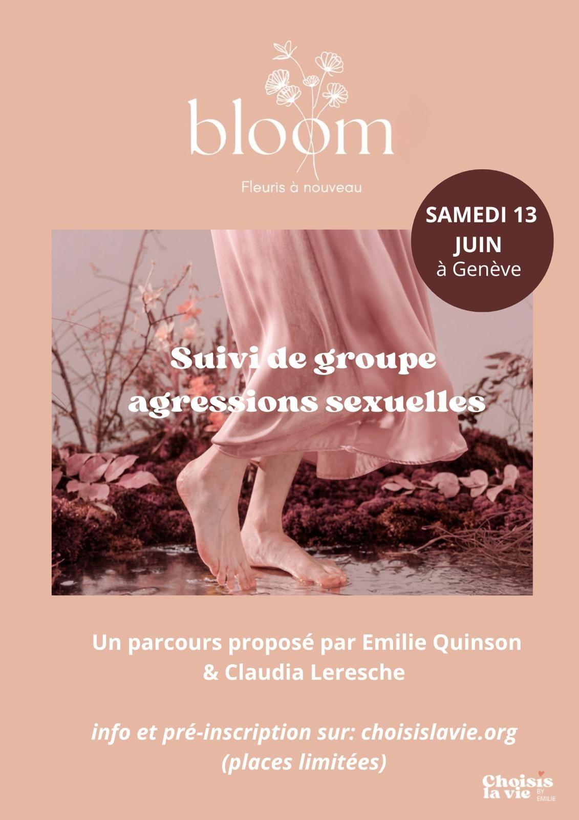 Flyer Bloom — Suivi de groupe agressions sexuelles, samedi 13 juin à Genève